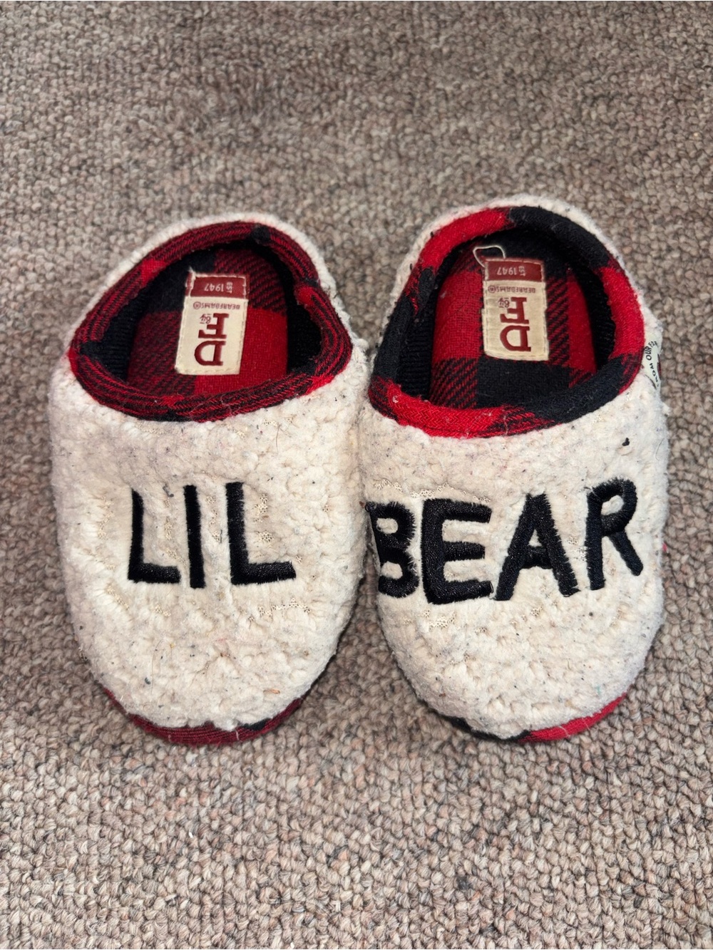 dearfoams Cream 'Lil Bear' Slip-On Slippers with Red Plaid Lining